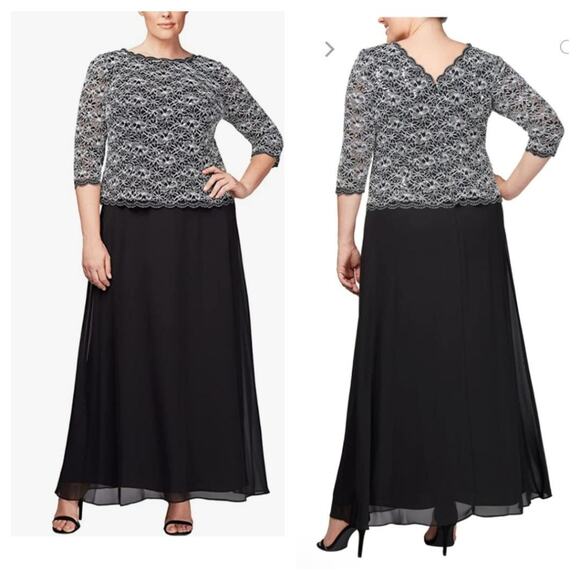 Alex Evenings Mock Two-Piece A-Line Gown with Scallop Sequin Lace Bodice Black - Picture 1 of 9
